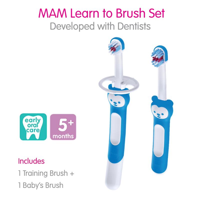 MAM Learn to Brush Set for ages 5 months and up, includes a training brush with a shield and a baby brush, both with bear designs.
