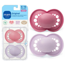 Two MAM Original Matte Baby Pacifiers for ages 6-16 months, one pink and one purple, in a clear packaging. BPA/BPS free.