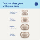 MAM Original matte baby pacifiers set for different age groups: 0-3 months, 0-6 months, 6-16 months, and 16+ months.