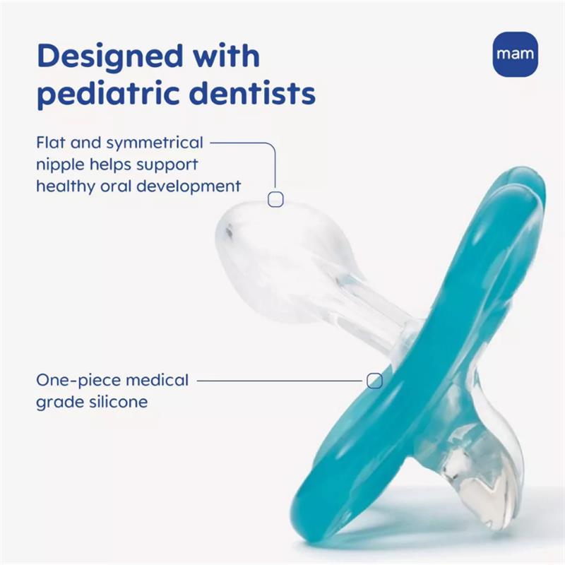 Mam 2Pk Pacifier Comfort, assorted colors for infants 0-3 months, featuring a clear flat nipple and a blue silicone shield.