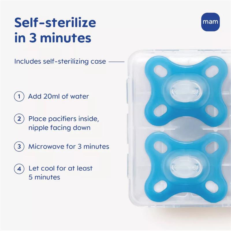 Mam 2Pk Pacifier Comfort in blue, includes self-sterilizing case with instructions for use. Suitable for 0-3 months.