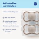 Self-sterilizing case for Mam baby pacifiers with instructions for sterilization in 3 minutes.