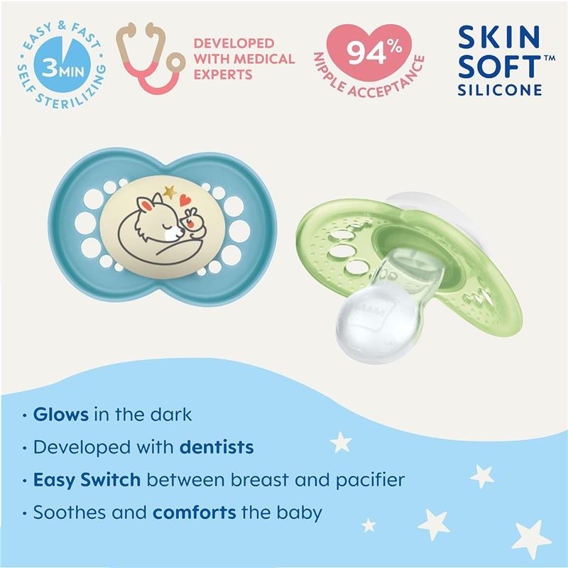 Three-pack of Mam day and night baby pacifiers with glowing feature, designed for comfort and easy transition between breast and pacifier.