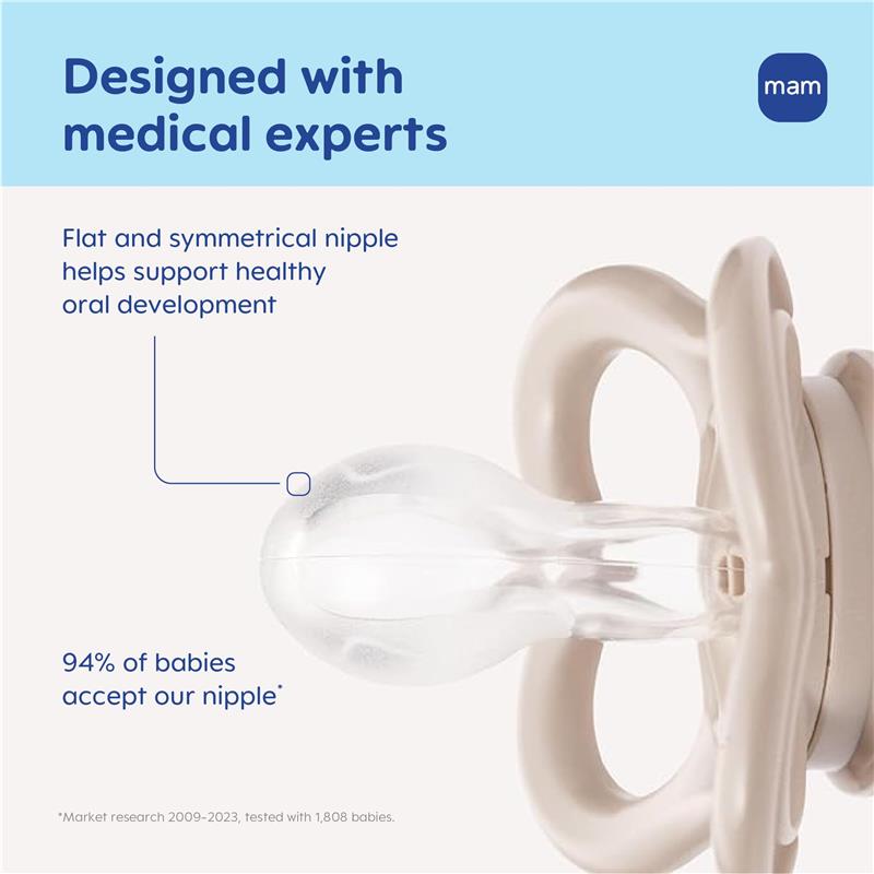 Mam silicone pacifier with flat, symmetrical nipple promotes healthy oral development; features BPA-free materials, suitable for 0-6 months.