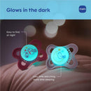 Silicone pacifiers for boys, glowing in the dark, with designs of birds and a moon, labeled for nighttime visibility.