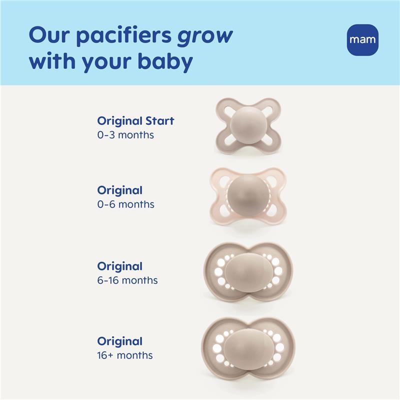 Silicone pacifiers in various sizes for boys, labeled for ages 0-3 months, 0-6 months, 6-16 months, and 16+ months. BPA-free.