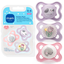 Mam 3Pk Silicone Nipple Pacifier Variety Pack for girls, BPA-free, features pastel colors and cute designs for 0-6 months.