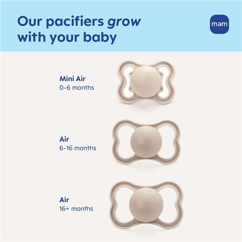 Three MAM silicone pacifiers are displayed, labeled for ages 0-6 months, 6-16 months, and 16+ months, BPA-free.