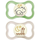 Two unisex Mam Air Night pacifiers for ages 6-16 months, featuring a green and a white design with playful night-themed graphics.
