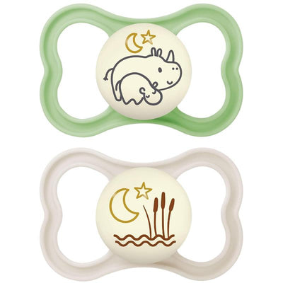 Two unisex Mam Air Night pacifiers for ages 6-16 months, featuring a green and a white design with playful night-themed graphics.
