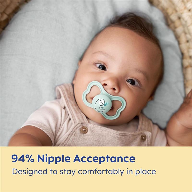 Unisex Mam 2Pk Air Night Pacifiers for ages 6-16 months, featuring a soft design and promoting 94% nipple acceptance.