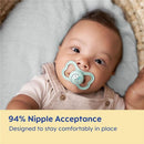 Unisex Mam 2Pk Air Night Pacifiers for ages 6-16 months, featuring a soft design and promoting 94% nipple acceptance.