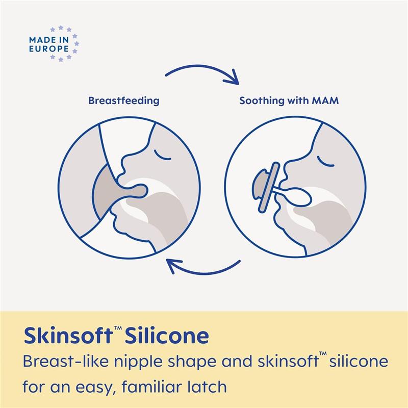 Breastfeeding and soothing with MAM, featuring SkinSoft silicone for an easy, familiar latch.