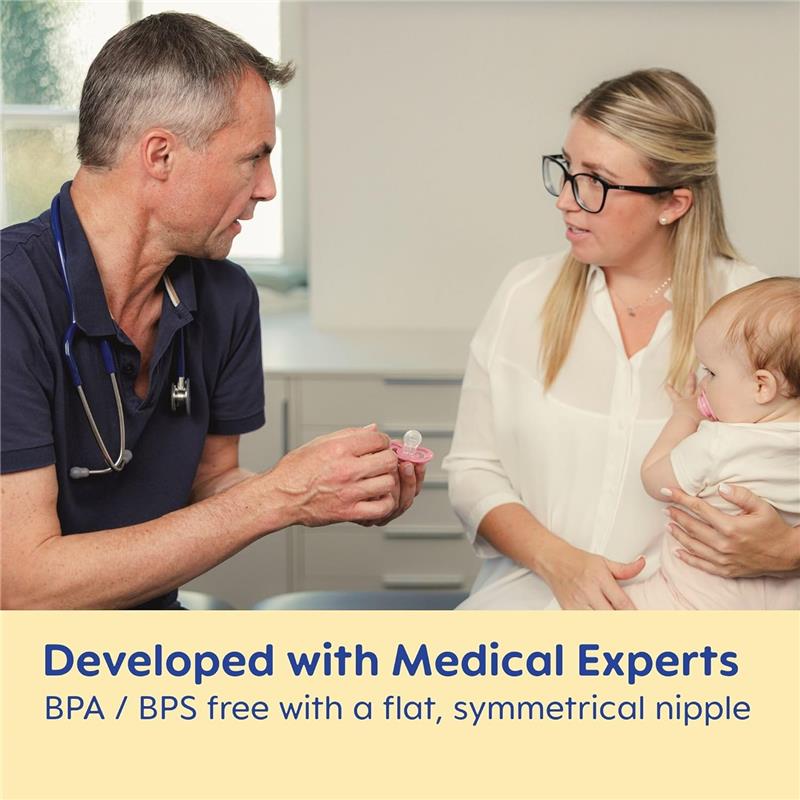 A pediatrician discusses the Mam 2Pk Air Night Pacifiers with a mother holding a baby, emphasizing their BPA/BPS-free design.