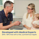A pediatrician discusses the Mam 2Pk Air Night Pacifiers with a mother holding a baby, emphasizing their BPA/BPS-free design.