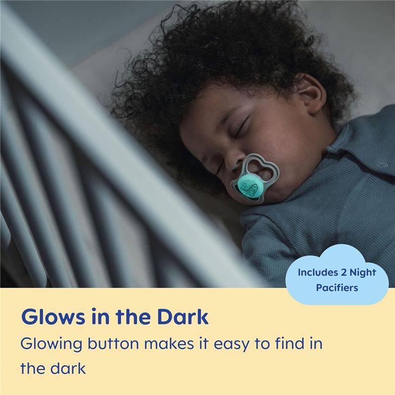 Unisex Mam night pacifiers in varying colors, featuring a glowing button for easy visibility in the dark; includes two pacifiers.