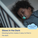 Unisex Mam night pacifiers in varying colors, featuring a glowing button for easy visibility in the dark; includes two pacifiers.