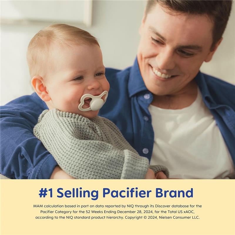 Unisex Mam 2Pk Air Night Pacifiers for ages 6-16 months, shown with a smiling baby and parent, highlighting
