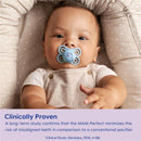 MAM Perfect air pacifier in blue with a bear design, used by a baby, promotes dental health.