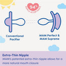 MAM 2Pk Air Pacifier Assorted, featuring MAM Perfect and MAM Supreme designs, emphasizing extra-thin nipple for natural mouth closure.