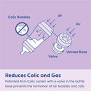 Mam Anti-Colic Baby Bottle illustration, highlighting its anti-colic system with valve and vented base to prevent air bubbles.