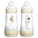 MAM 2-pack baby bottles, 9 oz each, with anti-colic design, featuring playful animal illustrations and measurement markings.
