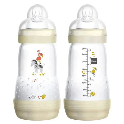MAM 2-pack baby bottles, 9 oz each, with anti-colic design, featuring playful animal illustrations and measurement markings.