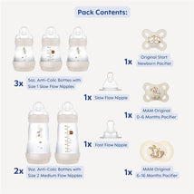 Unisex newborn feeding set including three 5oz anti-colic bottles, two 9oz bottles, and three pacifiers.