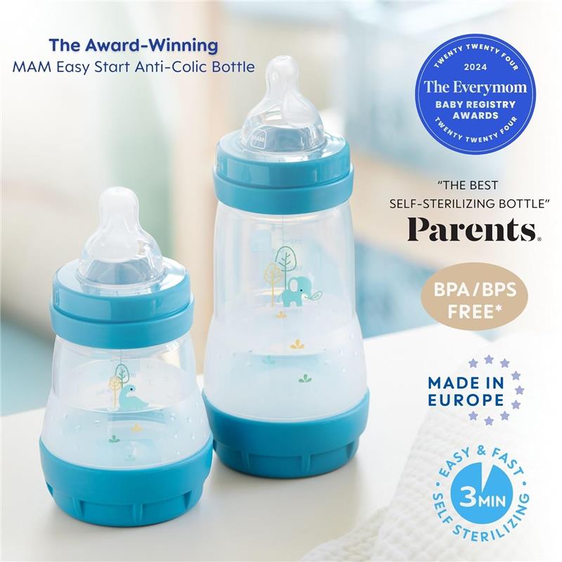 MAM Easy Start Anti-Colic Bottles in two sizes featuring blue caps, playful designs, and self-sterilizing capability.