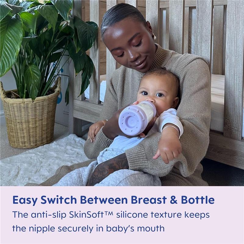 Newborn feeding set with a mother and baby; baby uses a bottle with a SkinSoft™ nipple texture for easy feeding.