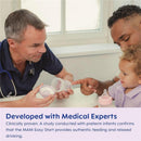 Two adults show a MAM feeding bottle to a toddler, promoting the MAM Easy Start Feeding Set with medical endorsement text.
