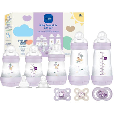 10-piece newborn essentials gift set for girls by Mam, featuring anti-colic bottles and pacifiers in purple and clear design.