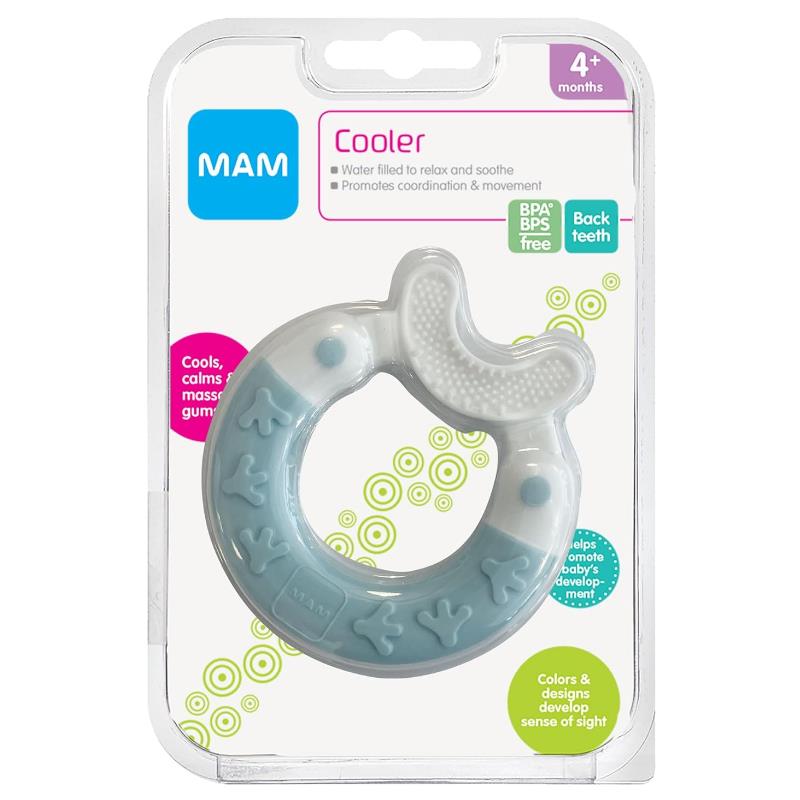 Bite and brush teething toy by Mam in blue, designed for babies 4 months and older, promotes gum relief and coordination.