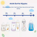 MAM Bottle Nipples for all MAM Easy Start, Feel Good Glass, Easy Active, and Trainer Bottles, suitable for ages 0+ months.