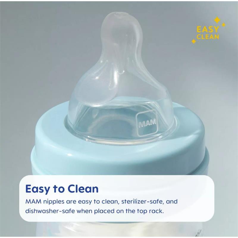 Mam 2Pk Bottle Nipples, Level 1 Slow Flow Nipple designed for 0M+, featuring an easy-to-clean silicone nipple.