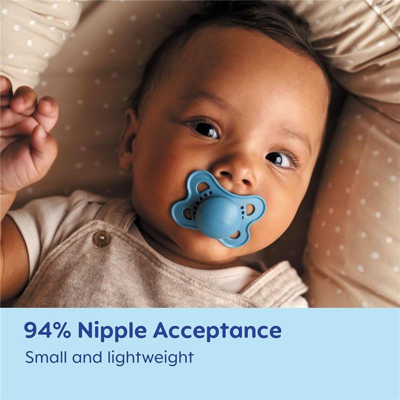 Mam 2Pk Original Night Pacifiers in blue, designed for boys, shown on a baby with text about nipple acceptance rate.