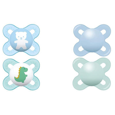 Two blue infant pacifiers designed for boys, featuring a bear and a dinosaur design, suitable for newborns 0-3 months.
