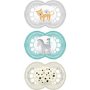 Three baby pacifiers featuring playful animal designs: a leopard with a koala, a zebra with a bird, and stars, suitable for ages 6-16 months.