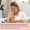Mother gently cradles a baby while breastfeeding, showcasing a nurturing moment with a soft, serene background.