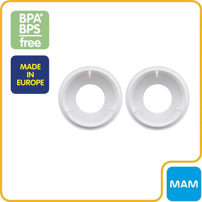 Two white MAM anti-colic baby bottle valve replacements, BPA and BPS free, labeled as made in Europe.