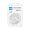 Two silicone anti-colic valves for MAM Easy Start baby bottles, packaged with text indicating BPA/BPS free and fit for even drinking flow.