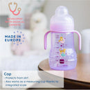 8 oz MAM trainer sippy cup for girls, featuring a purple design, handles, cap, and measurement scale.