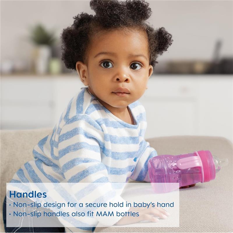 8 oz MAM trainer sippy cup for girls with non-slip handles, held by a baby wearing a blue and white striped shirt.
