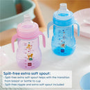 Trainer sippy cups in pink and blue with animal designs, featuring spill-free soft spouts, placed on a table.