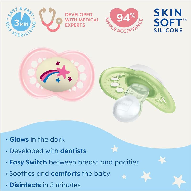 Two Mam Original Night Pacifiers in pink and green, glowing in the dark, with features including easy sterilization, dentist-developed design, and high nipple acceptance.