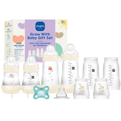 Mam 15Pk Grow with Baby Gift Set includes anti-colic bottles, silicone nipples, and a pacifier, designed for newborns.