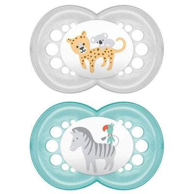 Two 16M+ Mam pacifiers in unisex designs: one features a leopard with a koala, the other a zebra with a parrot.