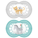 Two 16M+ Mam pacifiers in unisex designs: one features a leopard with a koala, the other a zebra with a parrot.