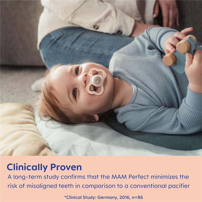Smiling baby lying on a soft surface, holding a wooden toy and using a Mam pacifier; text highlights its clinically proven benefits.