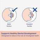 MAM pacifier illustration comparing MAM Perfect design to a standard pacifier, promoting healthy dental development.